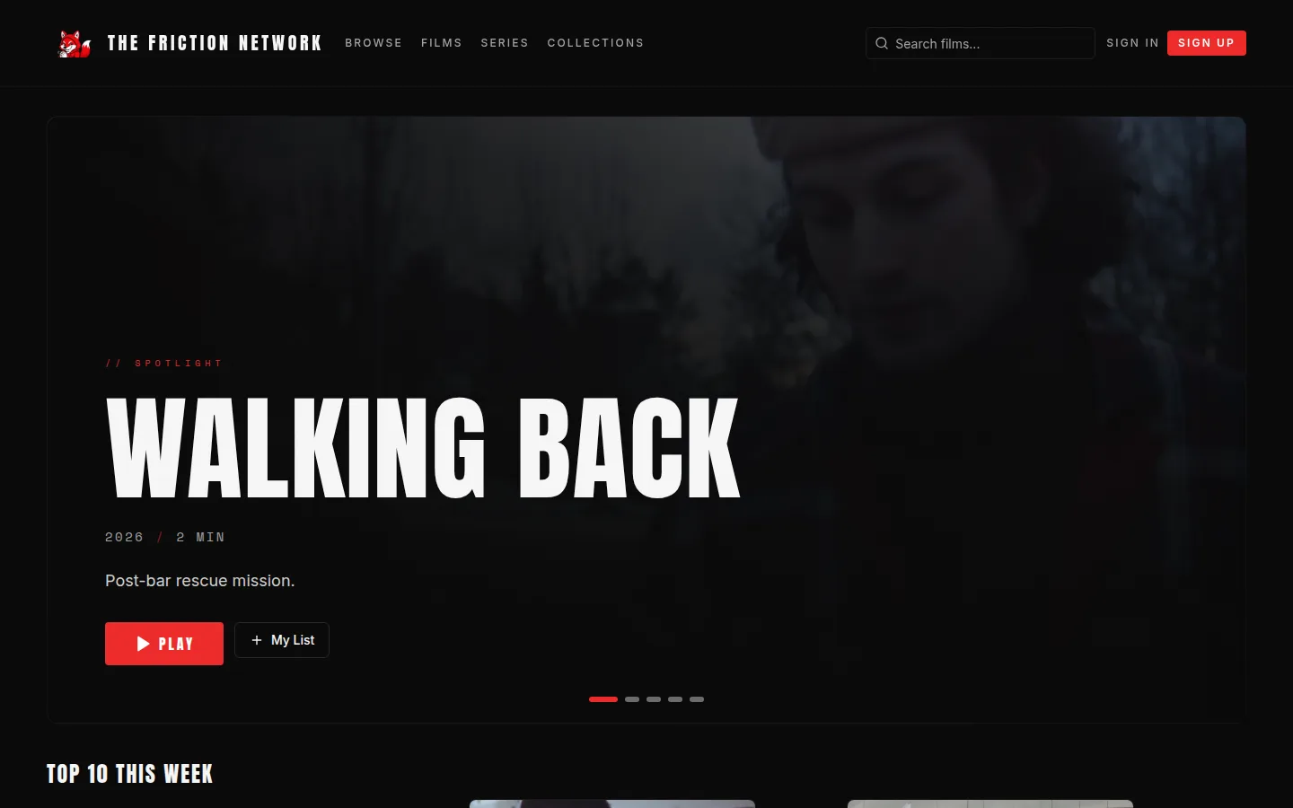 The Friction Network browse page with a spotlight feature and film catalog